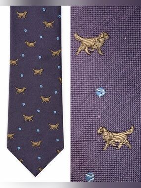 Haggar Golden Retriever necktie. Purple with yellow dogs and blue diamonds.
